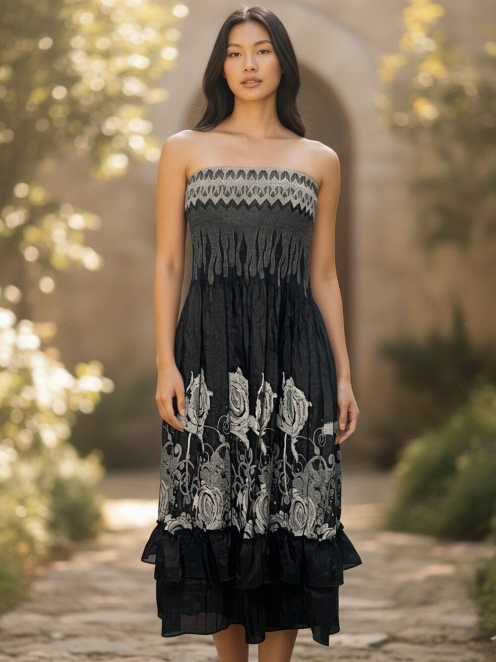 Lapis Strapless Smocked Tube Floral Monochrome Ruffle Dress One Size